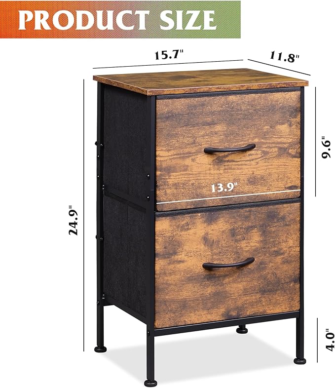 WLIVE Night Stand Set 2, Small Dresser with 2 Drawers & Wooden Top, Nightstand with Fabric Bins, Bedside Table End Table for Bedroom, Closet, Entryway, College Dorm, Rustic Brown