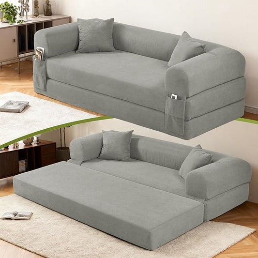 Convertible Futon Sofa Bed,80" Folding Pull Out Couch Bed with Pillows & Storage Pocket, Oversized Queen Sleeper Sofa in a Box,Corduroy Boneless Couch for Living Room,Light Grey