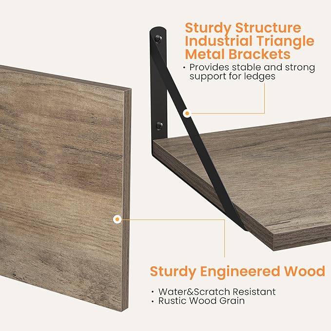 Heimlove Deep Floating Shelves for Wall, 16W x 12D Rustic Grey Wood Wall Shelves Set of 2, Large Floating Shelf for Living Room, Kitchen, Office, Bedroom and Decor Storage, with Metal Bracket - Grey