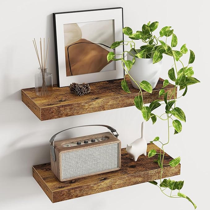 Deep Floating Shelves - 16" W x 9.3" D x 1.6" H Rustic Brown Wall Shelf - Wall Mounted Shelves for Decor & Storage - Wooden Shelves with Invisible Brackets for Living Room, Kitchen - Set of 2