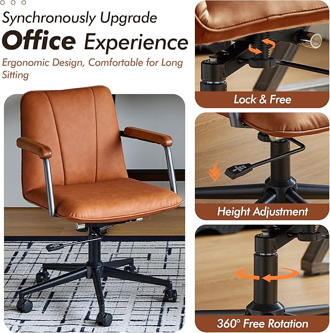 Home Office Desk Chair, Ergonomic Minimalist Faux Leather Swivel Chair with Oak Wood Armrests, Comfortable Task Chair for Computer or Study Room, 2 Pack, Rust Brown