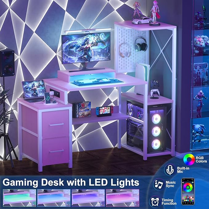 Small Gaming Desk with 2 Fabric Drawers - Reversible Computer Desk with Power Outlet & LED Lights, 49" Office Desk with Monitor Stand & Storage Shelves, Writing Study Table with Pegboard, Pink