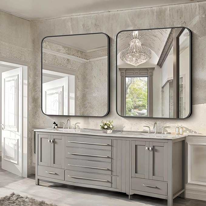 FORBATH Black Bathroom Mirror 40 x 48 Inch, Rectangular Vanity Mirror Wall Rounded Corner Metal Framed Bathroom Mirror for Living Room Bedroom Entryway Decor (Horizontal/Vertical)
