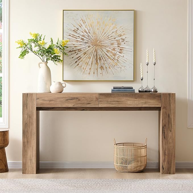 OKD Modern Entryway Console Table, Sofa Table with Drawers, 63" Long Hall Table Behind Couch, Thick Wood Design for Living Room, Hallway - Rustic Oak
