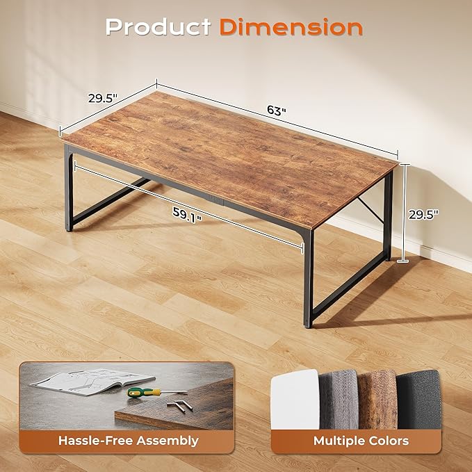 PRAISUN 63 X 29.5 Inch Computer Desk with Deeper Desktop, Gaming Office Writing Work Desk for Home Office, Study, Bedroom, Work from Home, Metal Frame, Rustic Brown
