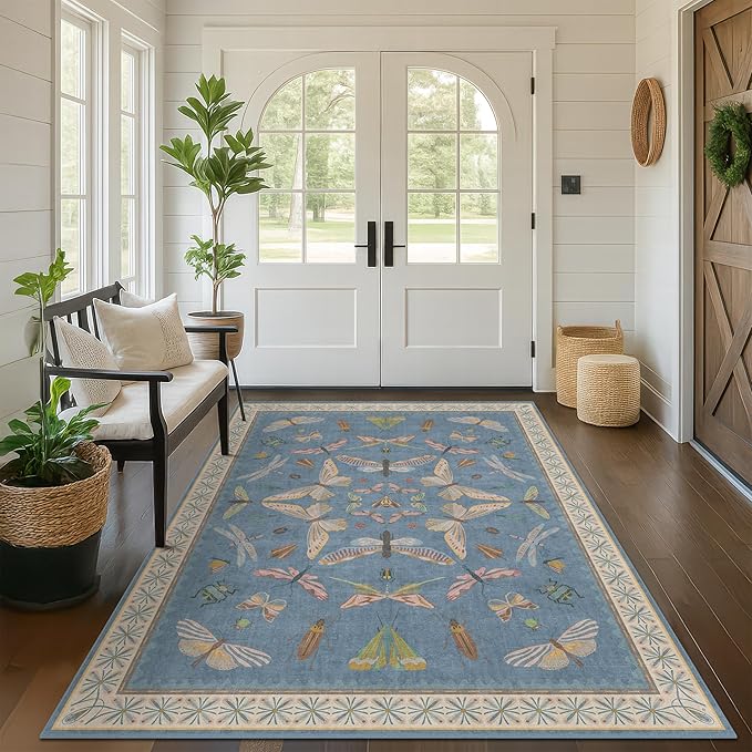 Blue Washable Kids Playroom Rug - 5x7 Area Rugs for Nursery Baby Boy, Bedroom, Living Room, Toddler Boy Room Decor, Cute Animals Print Carpet, Super Soft Non Slip Stain Resistant