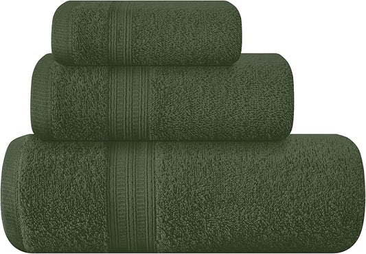 BOUTIQUO Ultra Soft 3 Pack Cotton Towel Set, Contains a Bath Towels 27x54 inch, a Hand Towels 16x24 inch & a Wash Coths 12x12 inch, Ideal Everyday use, Compact & Lightweight - Olive Green