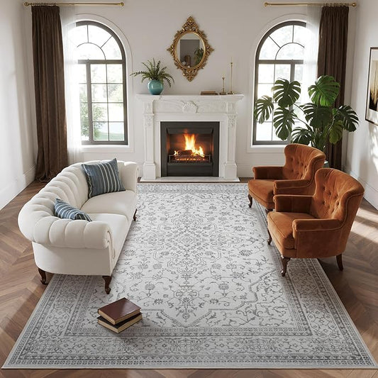 Washable Rugs 8x10 Area Rugs for Living Room,Bedroom,Dining Room- Soft Low Pile Stain-Resistant Carpet with Non-Slip Rubber Backing,Large Vintage Area Rug for Farmhouse Nursery Home Office Decor