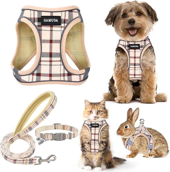 GAMUDA Small Dog Harness Collar and Leash Set, Step in No Chock No Pull Soft Mesh Adjustable Dog Vest Harnesses Plaid Reflective for Dogs Puppy Cats Kitten Rabbit (Beige, M)