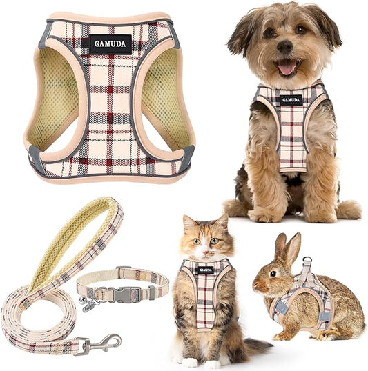 GAMUDA Small Dog Harness Collar and Leash Set, Step in No Chock No Pull Soft Mesh Adjustable Dog Vest Harnesses Plaid Reflective for Dogs Puppy Cats Kitten Rabbit (Beige, M)