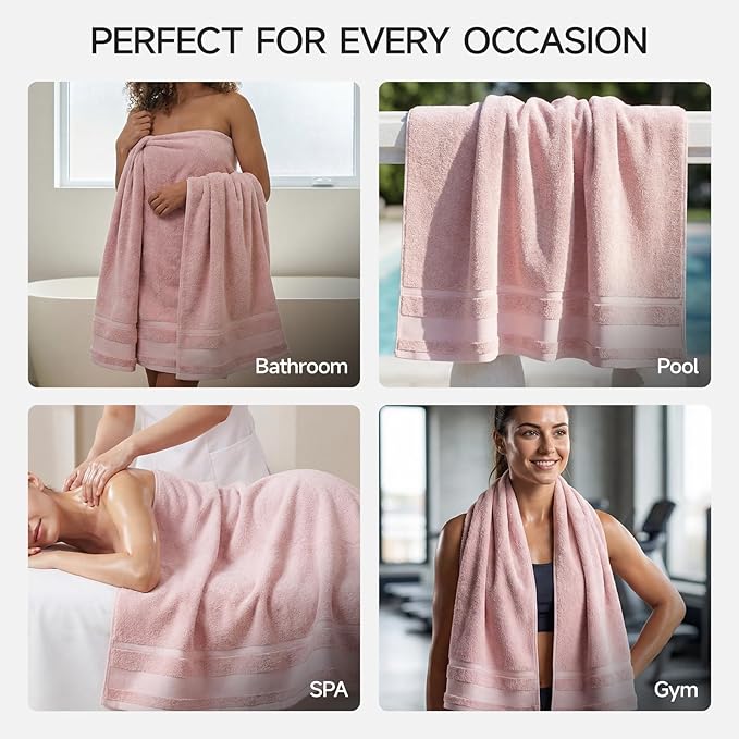 REDKISS 2 Pack Large Bath Towels Set, 100% Cotton, 31x63 in, Heavyweight 760G, Highly Absorbent & Quick Dry, Super Soft Luxury Towels for Bathroom,Hotel Collection - Pink