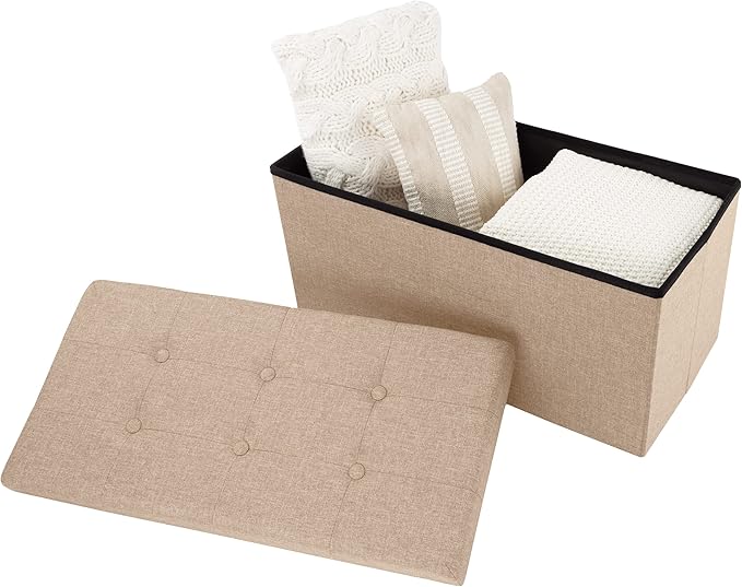 Folding Storage Ottoman - 30-Inch Tufted Footrest, Linen Chest, or Bench with Removable Bin for Living Room, Bedroom, or Dorm by Lavish Home (Beige)