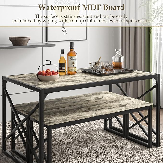 VECELO Kitchen Dining Table Benches Set for 4, 55" Wooden Dinette with 2 Benches, Heavy-Duty Dining Room Table for Small Space, Breakfast Nook, Grey