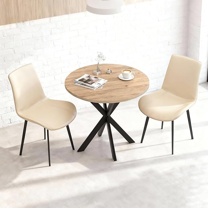 31.5" Round Dining Table and Chairs Set for 2, Small Dining Table Chairs Set Space-Saving, Round Table Set with Upholstered Chairs for Kitchen Dining Room Apartment(Natural + Beige)