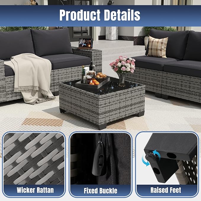 Aoxun 6 Pieces Patio Furniture Set Wicker Rattan Outdoor Sectional Conversation Set with Coffee Table and 4” Thickened Cushions, Gray Black (Waterproof Cover Included)