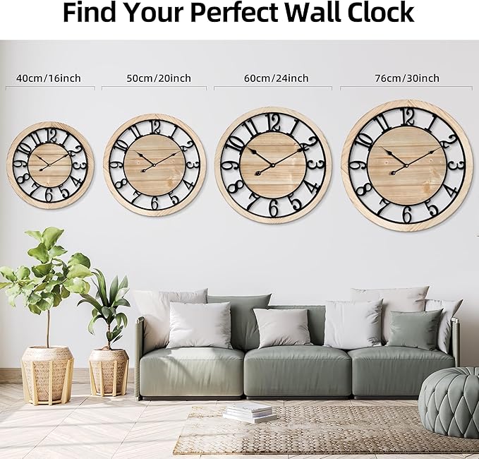 Maxstar 20'' Wall Clock for Living Room Decor, Ultra-Silent Rustic Wooden Farmhouse Wall Clock with Metal & Real Wood Frame, Battery Operated, for Kitchen Bedroom Office, Arabic Numerals