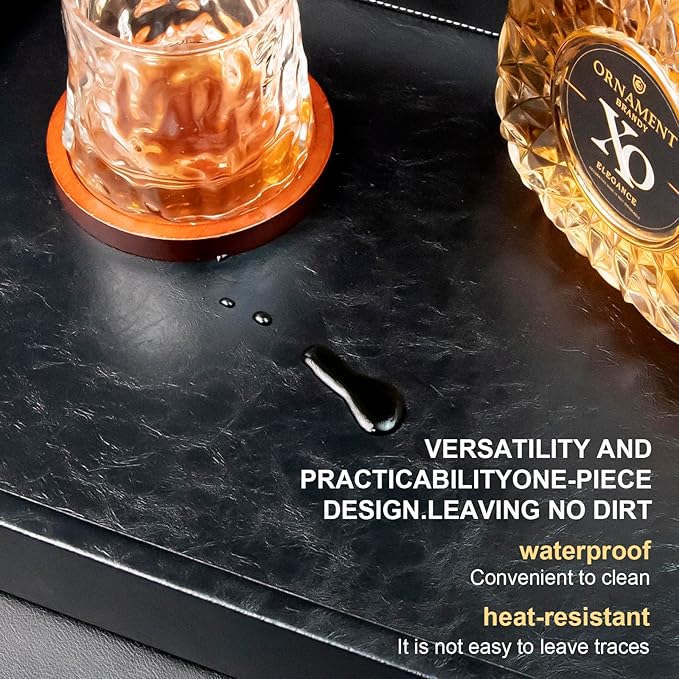 25 * 25 inches Leather Rectangle Serving Tray with Hole Handles,High-End Light Large Service Tray for Ottoman Tray, Tea, Food, Butler - Countertop, Kitchen,Family Dinner, Picnic (Black)