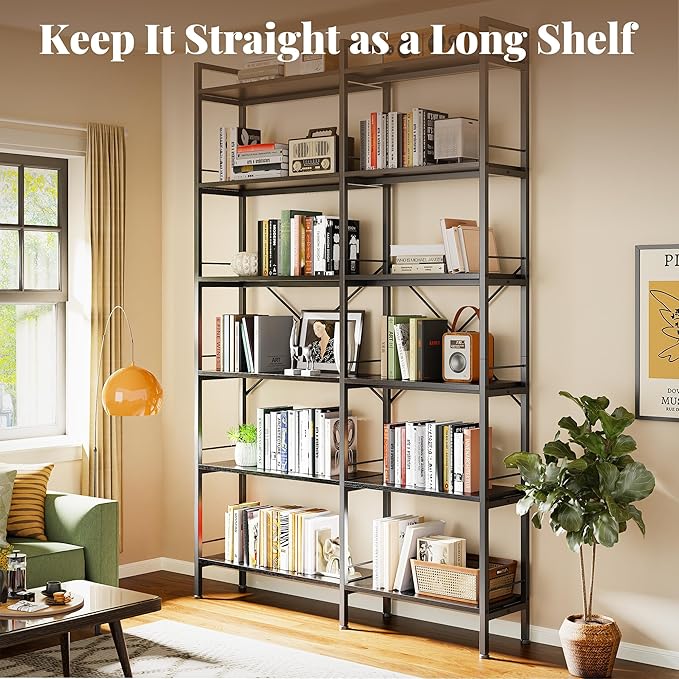 Huuger 6 Tier Bookshelf, L Shaped Corner Bookshelf with Open Shelves, 49.4 Inch Straight Wide Bookcase with Metal Frame and Wooden Board, Adjustable Feet, Black