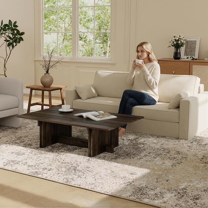 47 Inch Modern Farmhouse Coffee Table, Large Rectangular Wood Center Table with Cross Base for Living Room, Rustic Industrial Cocktail Table, Walnut