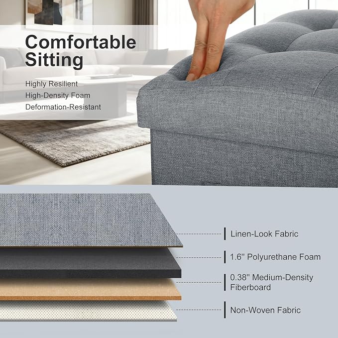 Storage Ottoman Foot Rest, 61L Slim Tall Folding Linen Foot Stool with Thicker Foam Padded Seat. Small Ottoman with Storage Bench for Bedroom Living Room, 300lbs Weight Support, 17x13x13IN, Light Gray