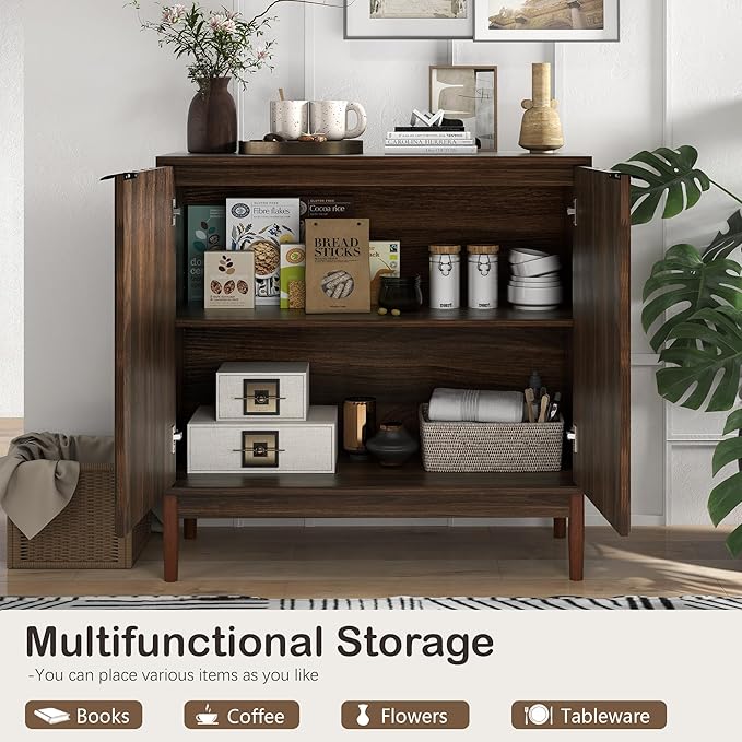 Fluted Cabinet with Storage, Buffet Cabinet Sideborad with Door, Kitchen Buffet Storage Accent Cabinets with Adjustable Shelves for Living Room, Entry, Hallway, Brown, Walnut