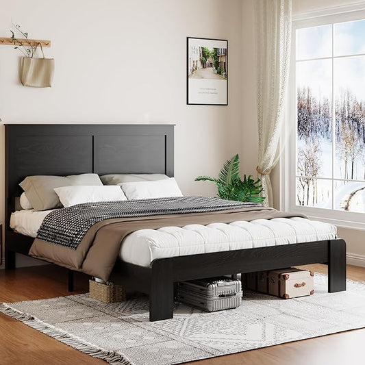 Wooden Bed Frame Queen Size with Headboard, Farmhouse Platform Bedframe with Wood Slat Support, Sturdy Framework Bed Frame, Easy Assembly (Rustic Black)