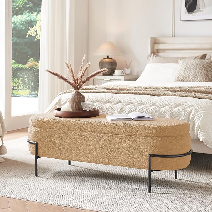 Sherpa Storage Ottoman Bench for Bedroom, Beige End of Bed Bench with Storage, Upholstered Boucle Storage Bench with Metal Stand and Hinges, Oval Ottoman for Living Room, 45 Inch