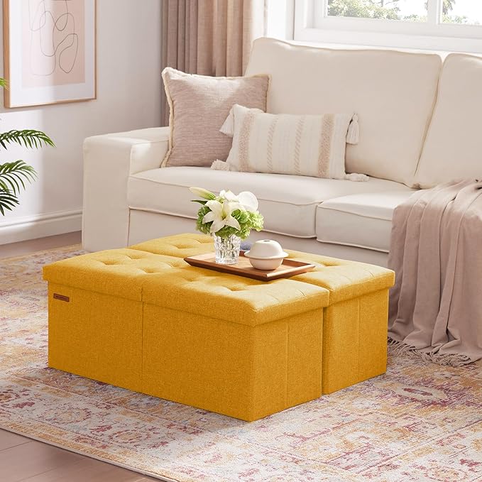 HAUSFRAU 31.5 Inches Ottoman with Storage Bench, Folding Ottoman Bench Small Foot Rest Stool, Bedroom Bench with Flipping Lid, Linen Gold