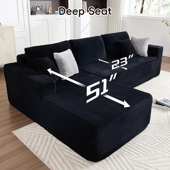 108" Boneless Couches for Living Room, Modular Sectional Sofa with Oversized Chaise, L-Shape Cloud Couch with Deep Seat, High-Density Memory Foam, No Assembly Required, Plush Corduroy Black