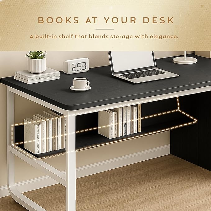 Premium Modern Wooden Computer Desk White Wooden Drawers & Bookshelf - Black Wood Top Writing Table with Strong Iron Frame for Home Office & Study 47.24W x 19.68L x 29.13H Inches