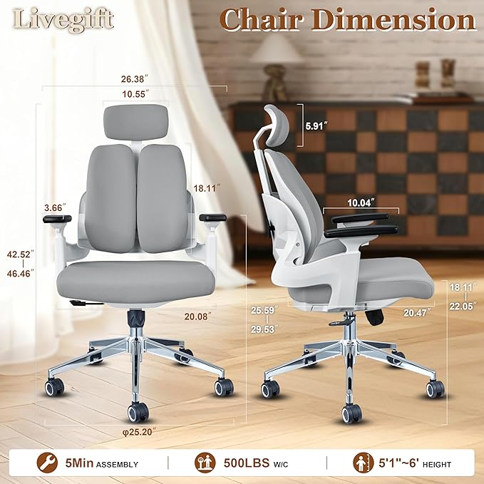 Ergonomic Office Chair Desk Chair Dual-backrest Computer Chair with Flexible Lumbar Support and Adjustable Height, 500lbs Extra Wide Seat with Wheels, for Home & Office Use Grey