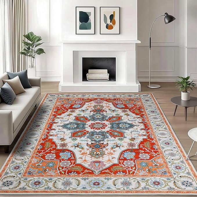 WILLSUN Washable Area Rugs, 5x7 Non-Slip Boho Large Area Rugs for Living Room, Bedroom, Machine Washable Vintage Rug, Indoor Floral Print Carpet for Home Decor, Kid & Pet Friendly Mat