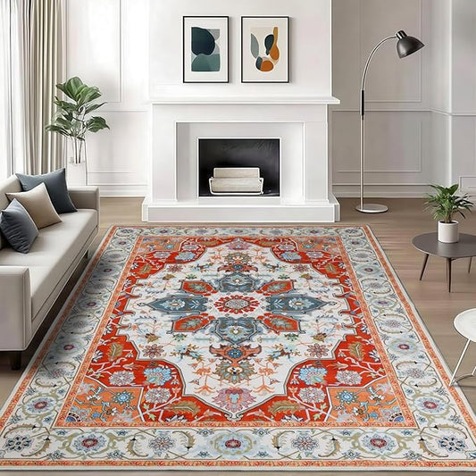 WILLSUN Washable Area Rugs, 5x7 Non-Slip Boho Large Area Rugs for Living Room, Bedroom, Machine Washable Vintage Rug, Indoor Floral Print Carpet for Home Decor, Kid & Pet Friendly Mat