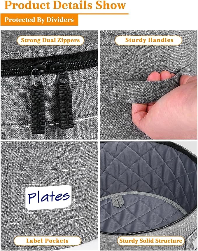 punemi Rigid China Storage Containers 5-Piece Set with Dividers, Quilted Stackable Plate & Dish Storage Protectors, Adjustable Mug and Cup Storage Organizer for Moving and Dinnerware storage, Grey