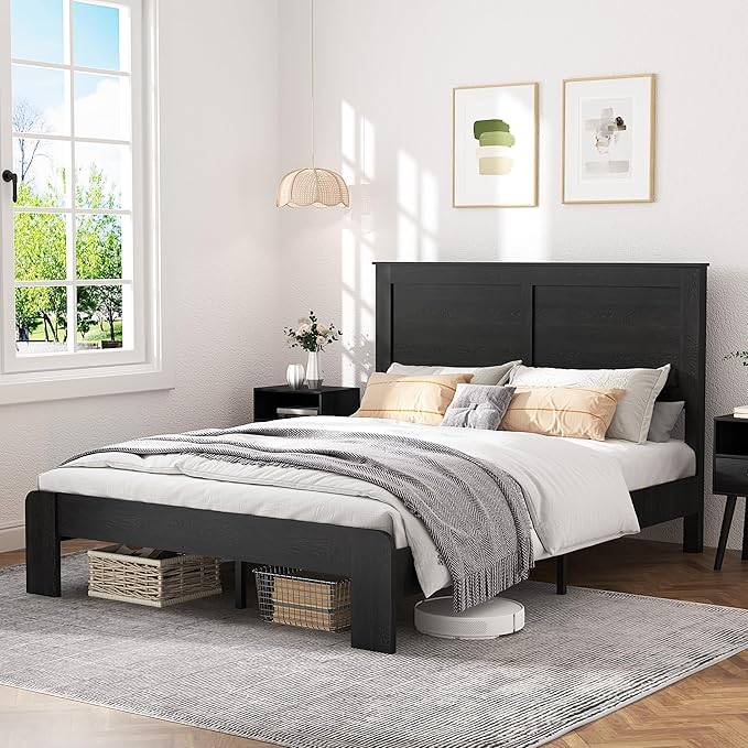 Queen Size Bed Frame, Vintage Platform Bed Frame with Wood Headboard and Footboard, 12 Wood Slats Support, No Box Spring Needed (Black)