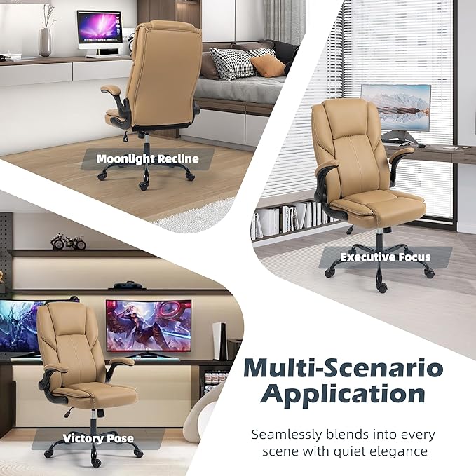 Office Chair - Executive Leather High Back Office Desk Chair with Rocking Function - Ergonomic Breathable Comfortable Wide Swivel Rolling Gaming Computer Chair with Flip-up Armrests & Lumbar Support