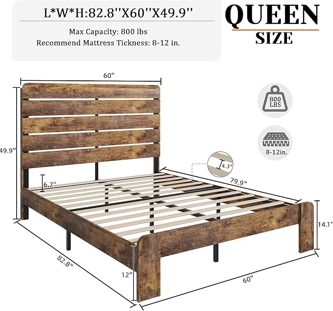 Queen Size Bed Frame with Wooden Headboard and Footboard, Rustic Platform Bedframe, Wood Slats Support, No Box Spring Needed, Under Bed Storage, Easy Assembly, Brown