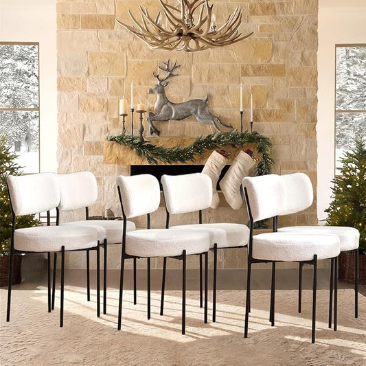 White Boucle Dining Chairs Set of 6, Upholstered Dinner Chair with Metal Frame, Dining Room Chairs with Padded Seat, Round Modern Seating for Living Room