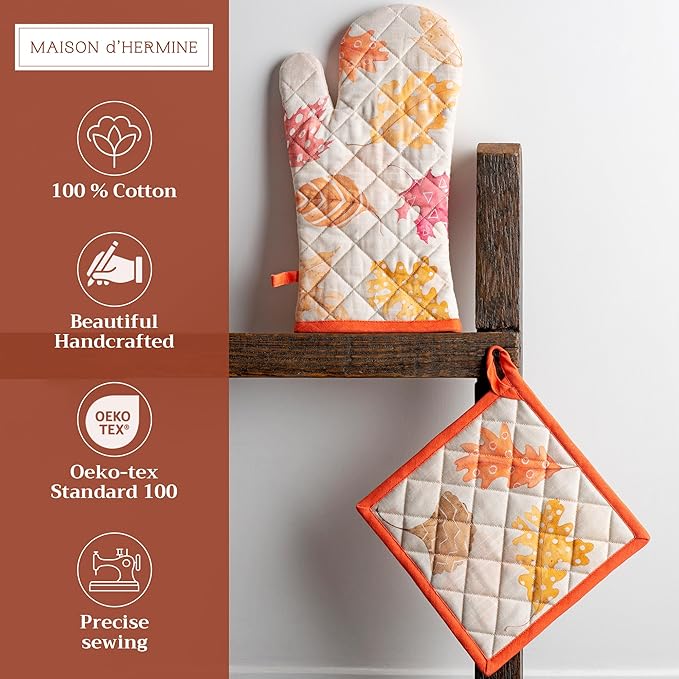 Maison d' Hermine 100% Cotton Oven Mitt & Pot Holder Set (7.5"x13" & 8"x8") Heat Resistant BBQ Cooking Gloves with Loop for Thanksgiving Christmas Decorations Handling Hot Pans (Colours of Autumn)