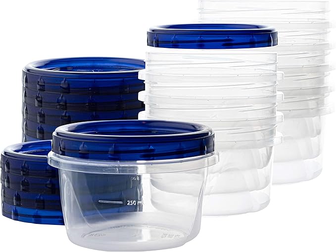 PLASTICPRO [16 oz 5 Pack] Deli Containers Clear bottom With blue Top Twist on Lids Reusable, Stackable, Food Storage Freezer Container