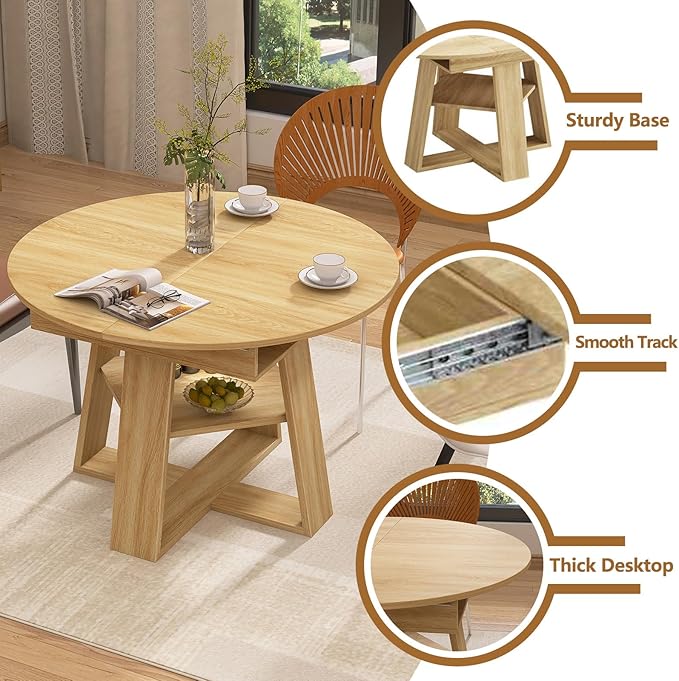 Round Dining Table for 4-8 People, 43.3"-59" Oval Dining Table Space Saving, Expandable Kitchen Table with Smooth Glide Mechanism Modern Design & Wood Base for Small Space (Natural)