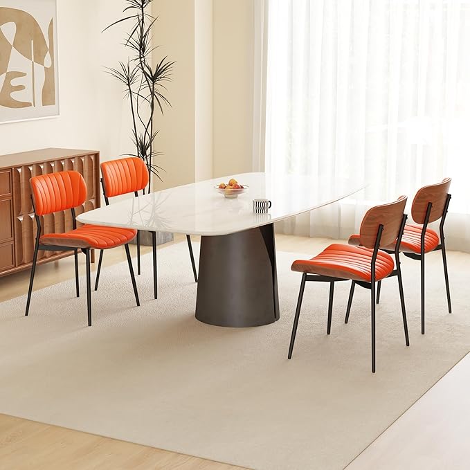 Modern PU Leather Dining Room Chairs Set of 4, Upholstered Kitchen Chairs with Walnut Bentwood Back and Metal Legs Adjustable Feet for Kitchen Dining Room(Orange)