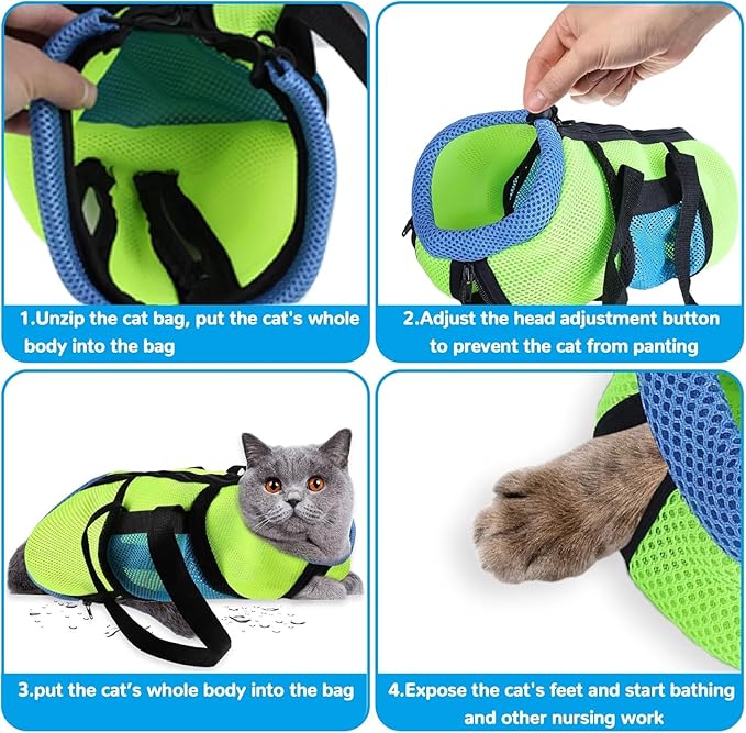 AWOOF Cat Grooming Bag Adjustable Cat Bathing Bag Anti Scratch Bite Polyester Soft Durable Mesh Cat Shower Bag for Small Medium Large Cats