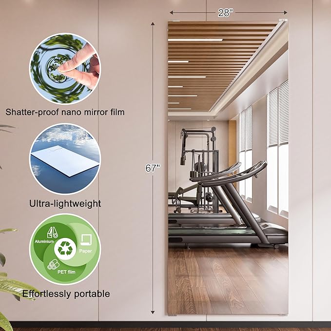 brisafe 2PCS 67"x28" Ultra-Light Wall Mirror for Home Gym & Yoga Studio, Shatterproof Full-Length Mirror with 0.04mm Nano Film, Easy Installation & Commercial Use (60% Insurance Savings)
