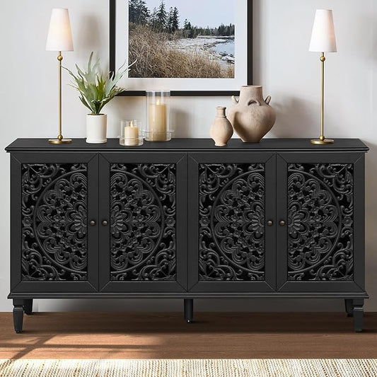Retro 60'' Large Storage Cabinet Sideboard with 4 Hollow-Carved Doors and Adjustable Shelves, Acacia Wood Vintage Entryway Console Table TV Stand for Living Room Dining Room (Black-LK)