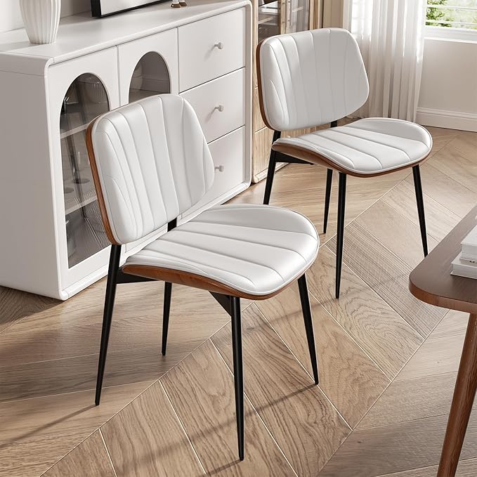 Dining Chairs Set of 2, Mid Century Modern Dining Room Chair, Upholstered Faux Leather Kitchen Chairs with Walnut Bentwood Back and Metal Legs for Kitchen Dining Room Living Room, White