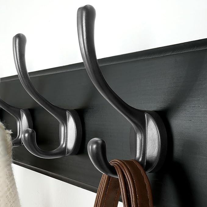 Dseap Wall Mounted Coat Rack: Patented, Heavy-Duty, 17.4" Long 5-Double-Hooks Wooden Hanger Rail for Winter Coats, Hats, Jackets, Clothing - Black, Pack of 2