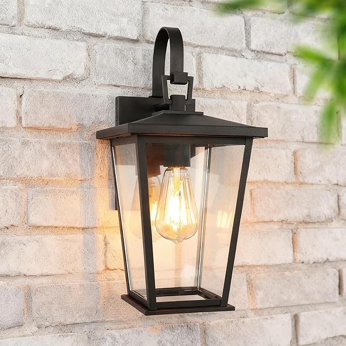 Kalium Outdoor Wall Lights Fixtures Lantern Frame 16 1/8", Outside Lights Black Transitional Durable Metal, Clear Glass for Post Exterior Barn Deck House Porch Yard Patio Garage Garden