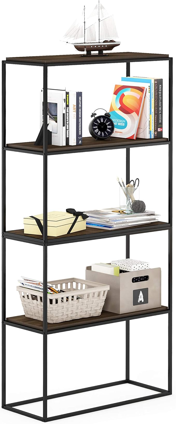 Furinno Moretti Modern Wide Stackable Metal Shelf, Columbia Walnut