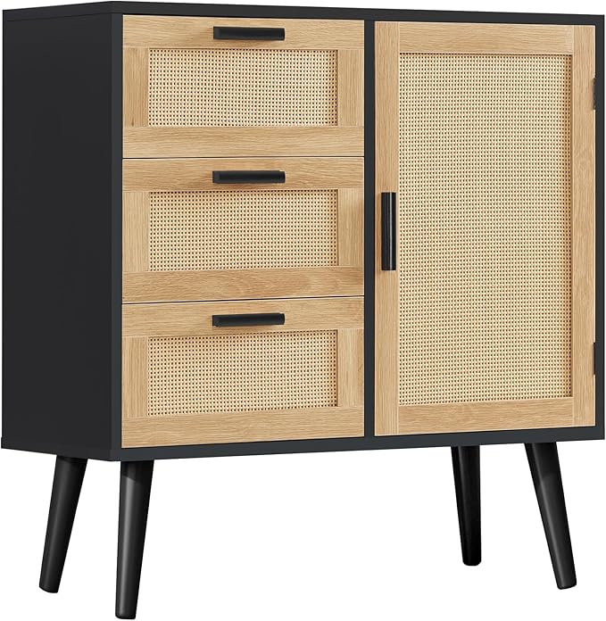 Iwell Storage Cabinet with Rattan Door & 3 Drawers, Rattan Cabinet with Adjustable Shelf, Sideboard Buffet Cabinets with Storage, Entryway Cabinets, for Living Room, Dining Room, Entryway, Black